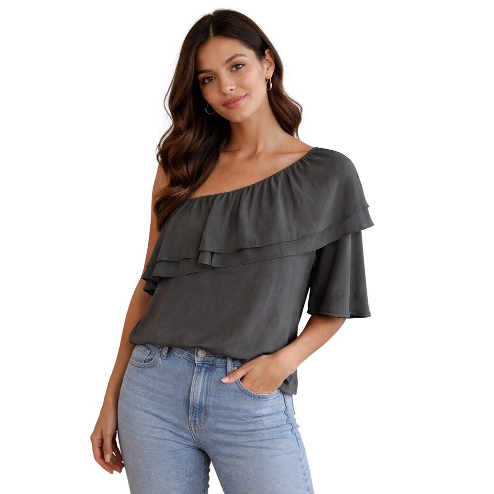 DO+BE Womens Charcoal Grey One Shoulder Ruffle Bell Sleeve Blouse Top Small NWT